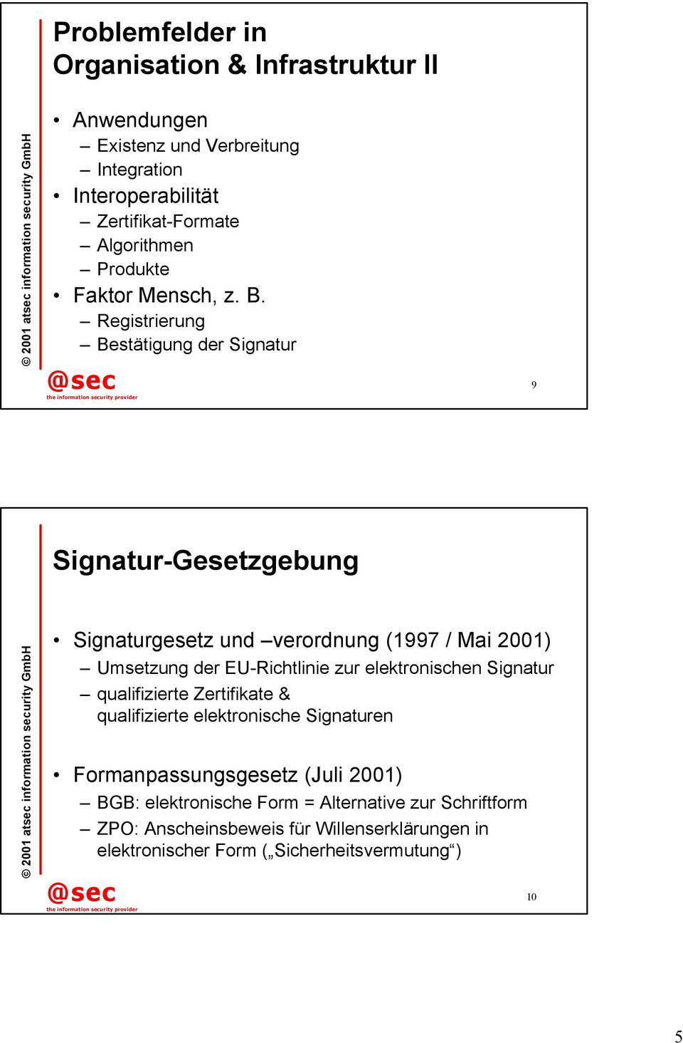Registrierung Bestätigung der Signatur 9 Signatur-Gesetzgebung Signaturgesetz und verordnung (1997 / Mai 2001) Umsetzung der EU-Richtlinie zur