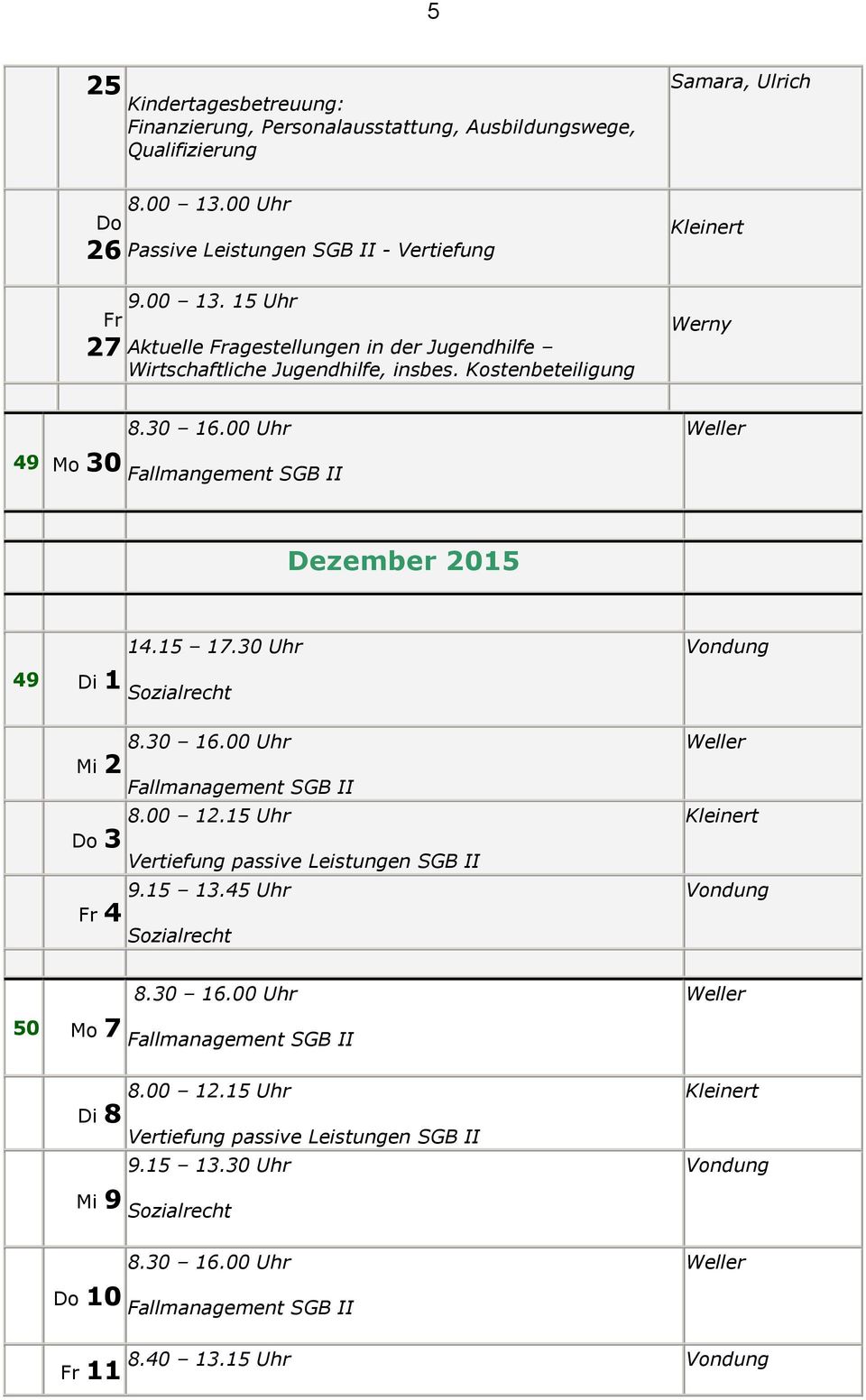 Kostenbeteiligung Kleinert Werny 49 Mo 30 Fallmangement SGB II Dezember 2015 14.15 17.30 Uhr 49 Di 1 Mi 2 Fallmanagement SGB II 8.00 12.