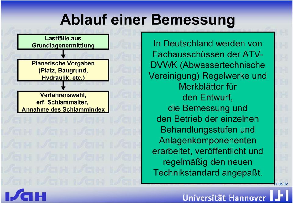 Schlammalter, Annahme des Schlammindex In Deutschland werden von Fachausschüssen der ATV- DVWK (Abwassertechnische