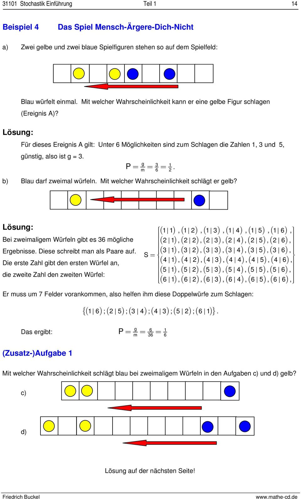 g 3 P = = =. m 6 2 b) Blau darf zweimal würfeln. Mit welcher Wahrscheinlichkeit schlägt er gelb? Lösung: Bei zweimaligem Würfeln gibt es 36 mögliche Ergebnisse. Diese schreibt man als Paare auf.