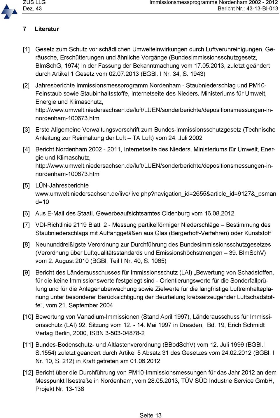 1943) [2] Jahresberichte Immissionsmessprogramm Nordenham - Staubniederschlag und PM10- Feinstaub sowie Staubinhaltsstoffe, Internetseite des Nieders.