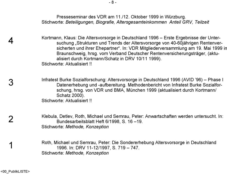 Trends der Altersvorsorge von 40-60jährigen Rentenversicherten und ihrer Ehepartner. In: VDR Mitgliederversammlung am 19. Mai 1999 in Braunschweig, hrsg.