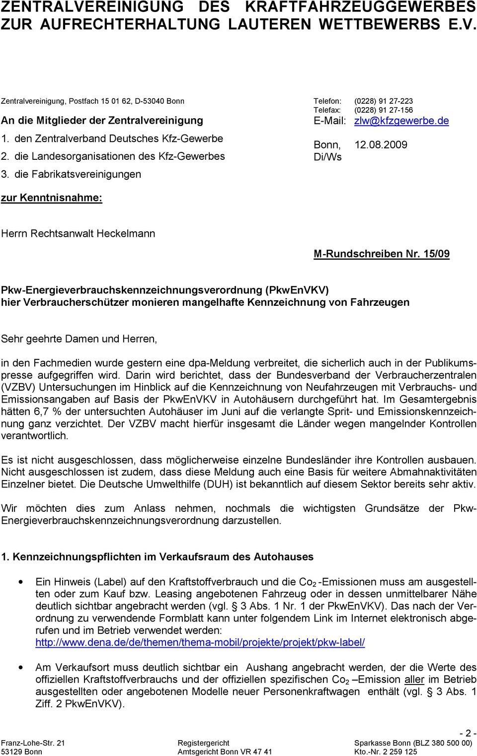 2009 Di/Ws Herrn Rechtsanwalt Heckelmann M-Rundschreiben Nr.