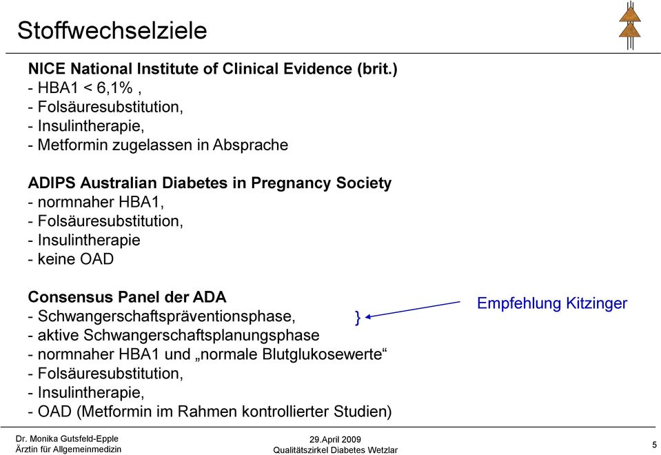 Society - normnaher HBA1, - Folsäuresubstitution, - Insulintherapie - keine OAD Consensus Panel der ADA -