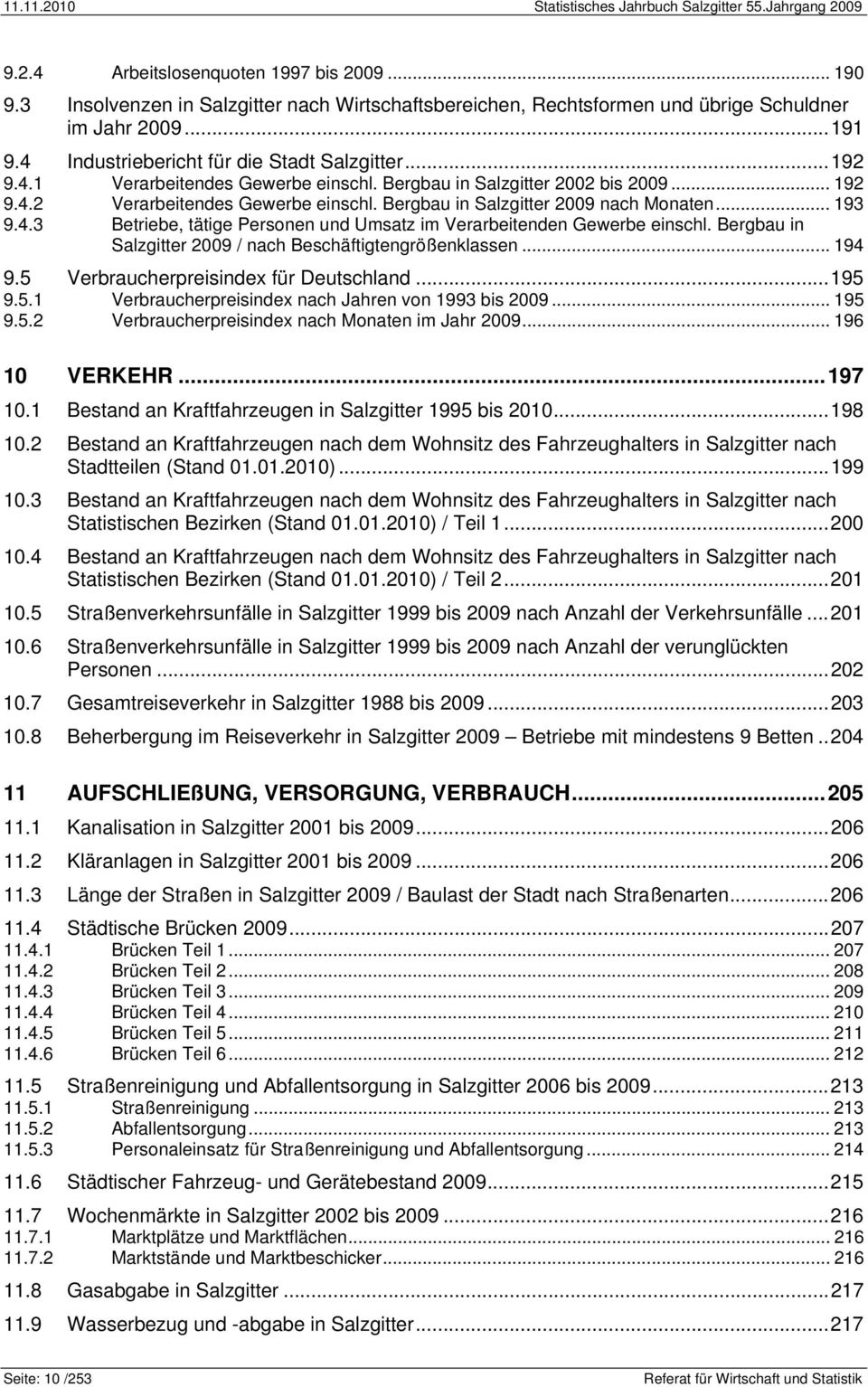Bergbau in Salzgitter 2002 bis 2009... 192 9.4.2 Verarbeitendes Gewerbe einschl. Bergbau in Salzgitter 2009 nach Monaten... 193 9.4.3 Betriebe, tätige Personen und Umsatz im Verarbeitenden Gewerbe einschl.