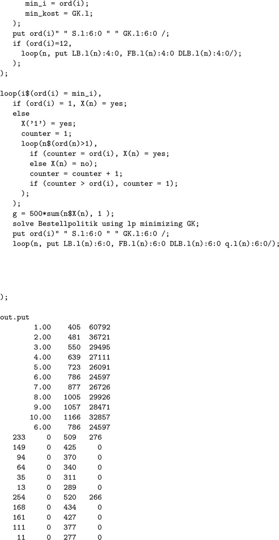 (counter > ord(i), counter = 1); ); ); g = 500*sum(n$X(n), 1 ); solve Bestellpolitik using lp minimizing GK; put ord(i)" " S.l:6:0 " " GK.l:6:0 /; loop(n, put LB.l(n):6:0, FB.l(n):6:0 DLB.l(n):6:0 q.