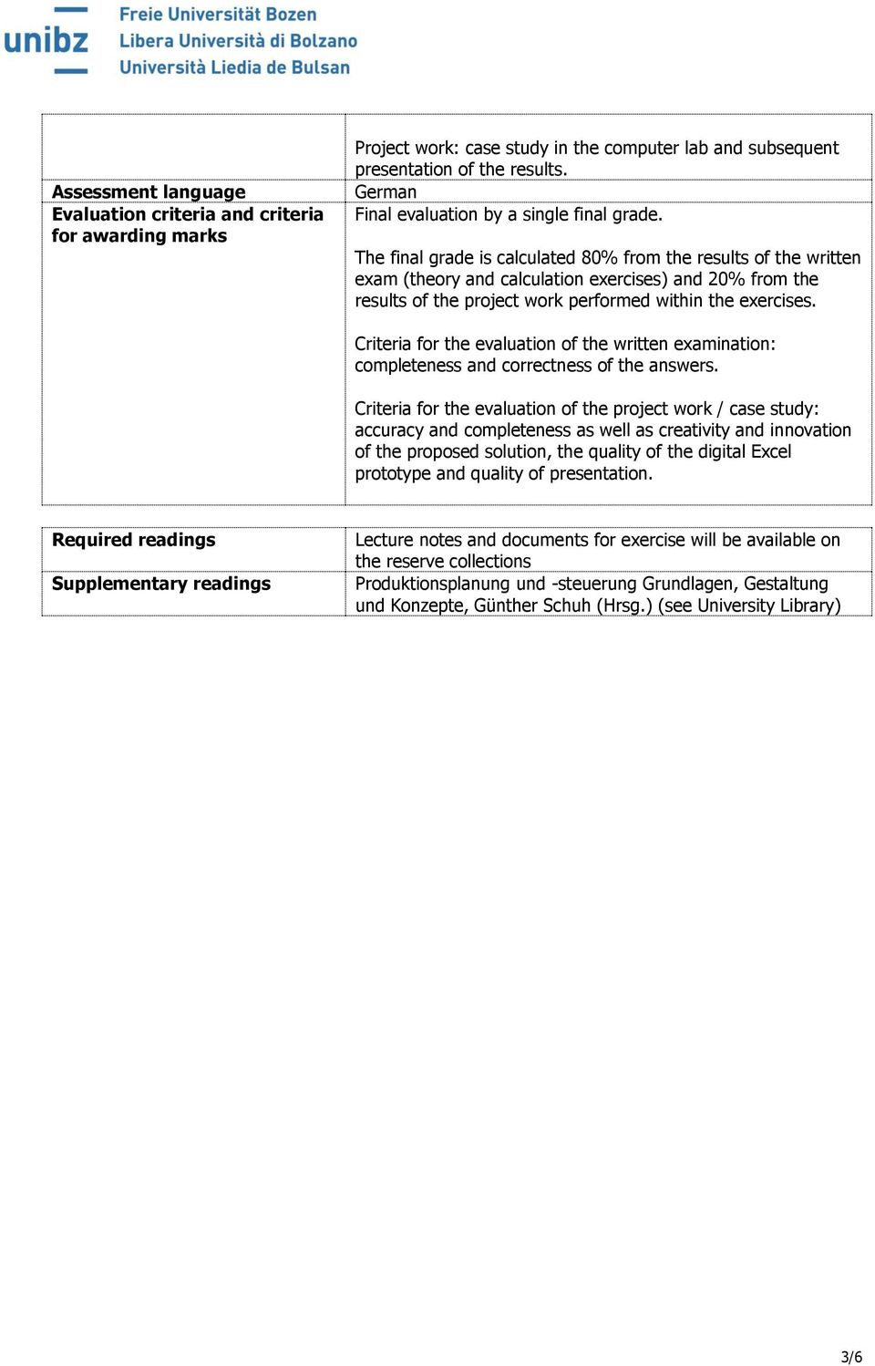 The final grade is calculated 80% from the results of the written exam (theory and calculation exercises) and 20% from the results of the project work performed within the exercises.