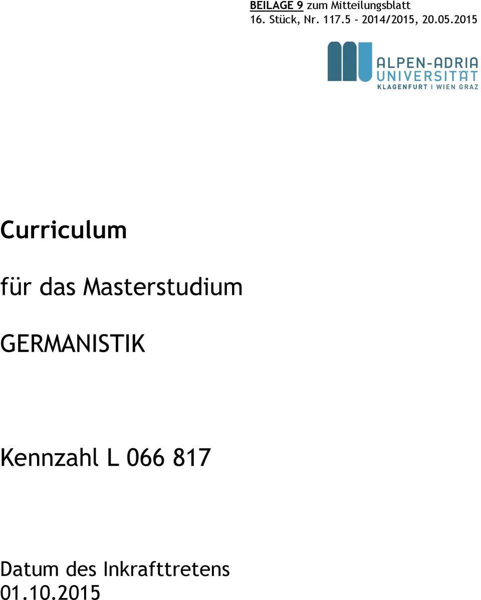 2015 Curriculum für das Masterstudium