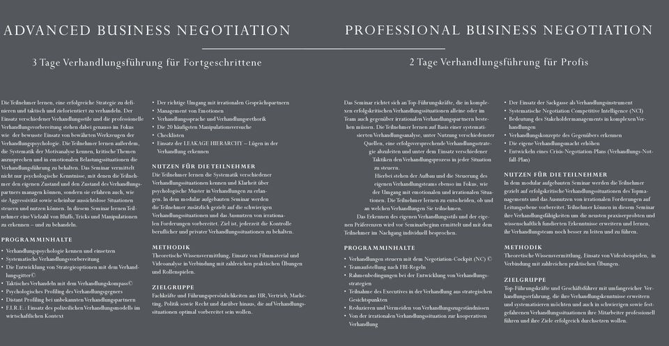 Der Einsatz verschiedener Verhandlungsstile und die professionelle Verhandlungsvorbereitung stehen dabei genauso im Fokus wie der bewusste Einsatz von bewährten Werkzeugen der Verhandlungspsychologie.
