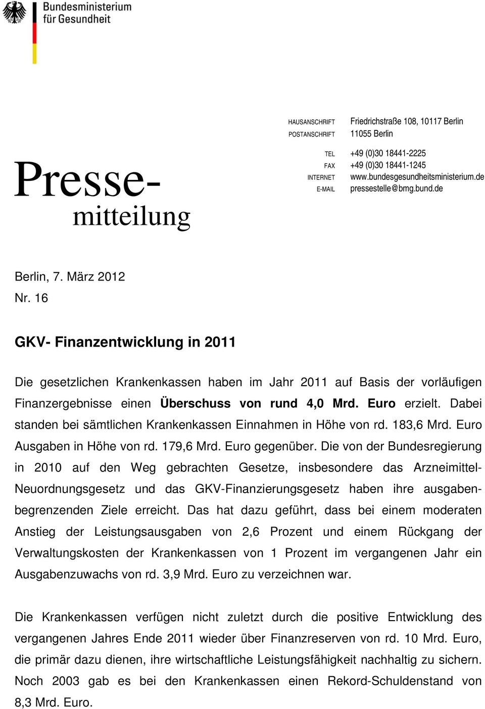 16 GKV- Finanzentwicklung in 2011 Die gesetzlichen Krankenkassen haben im Jahr 2011 auf Basis der vorläufigen Finanzergebnisse einen Überschuss von rund 4,0 Mrd. Euro erzielt.