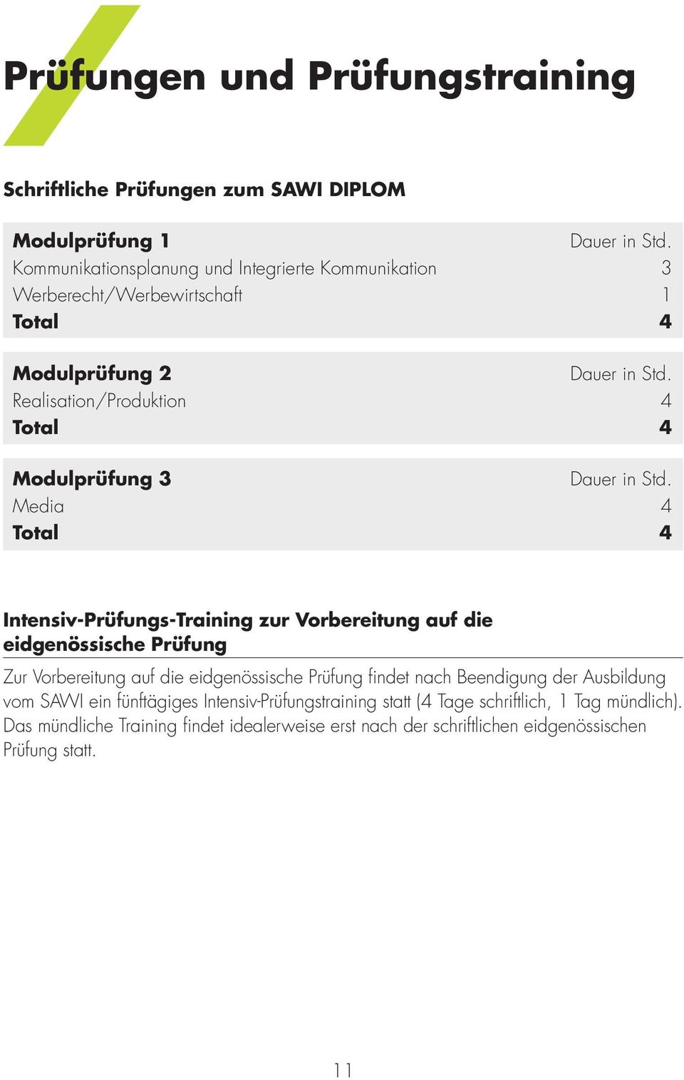 Realisation/Produktion 4 Total 4 Modulprüfung 3 Dauer in Std.