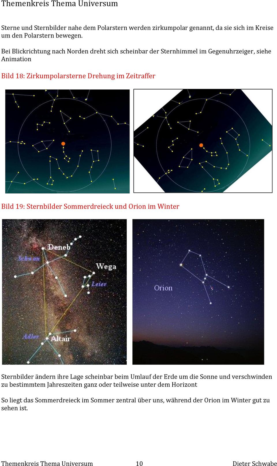 19: Sternbilder Sommerdreieck und Orion im Winter Sternbilder ändern ihre Lage scheinbar beim Umlauf der Erde um die Sonne und verschwinden zu bestimmtem
