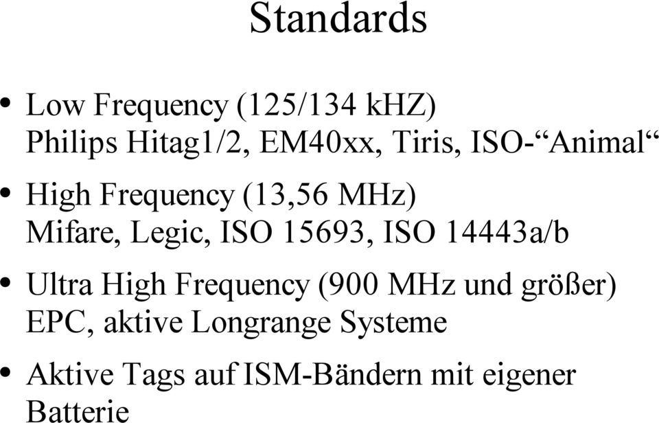 15693, ISO 14443a/b Ultra High Frequency (900 MHz und größer) EPC,