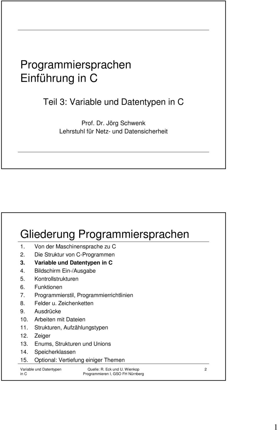 Die Struktur von C-Programmen 3. 4. Bildschirm Ein-/Ausgabe 5. Kontrollstrukturen 6. Funktionen 7.