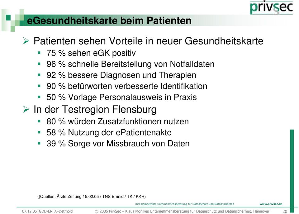 Testregion Flensburg 80 % würden Zusatzfunktionen nutzen 58 % Nutzung der epatientenakte 39 % Sorge vor Missbrauch von Daten ((Quellen: Ärzte