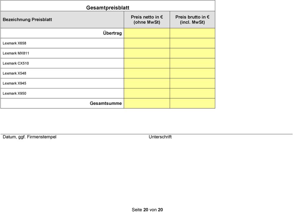 MwSt) Übertrag Lexmark X658 Lexmark MX8 Lexmark CX50