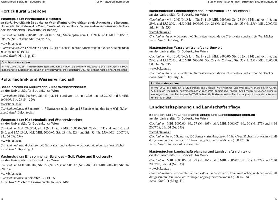 2005/06, Stk. 28 (Nr. 164), Studienplan vom 1.10.2006, i.d.f. MBl. 2006/07, Stk. 35 (Nr. 276) und Stk. 26 (Nr. 207) www.boku.ac.