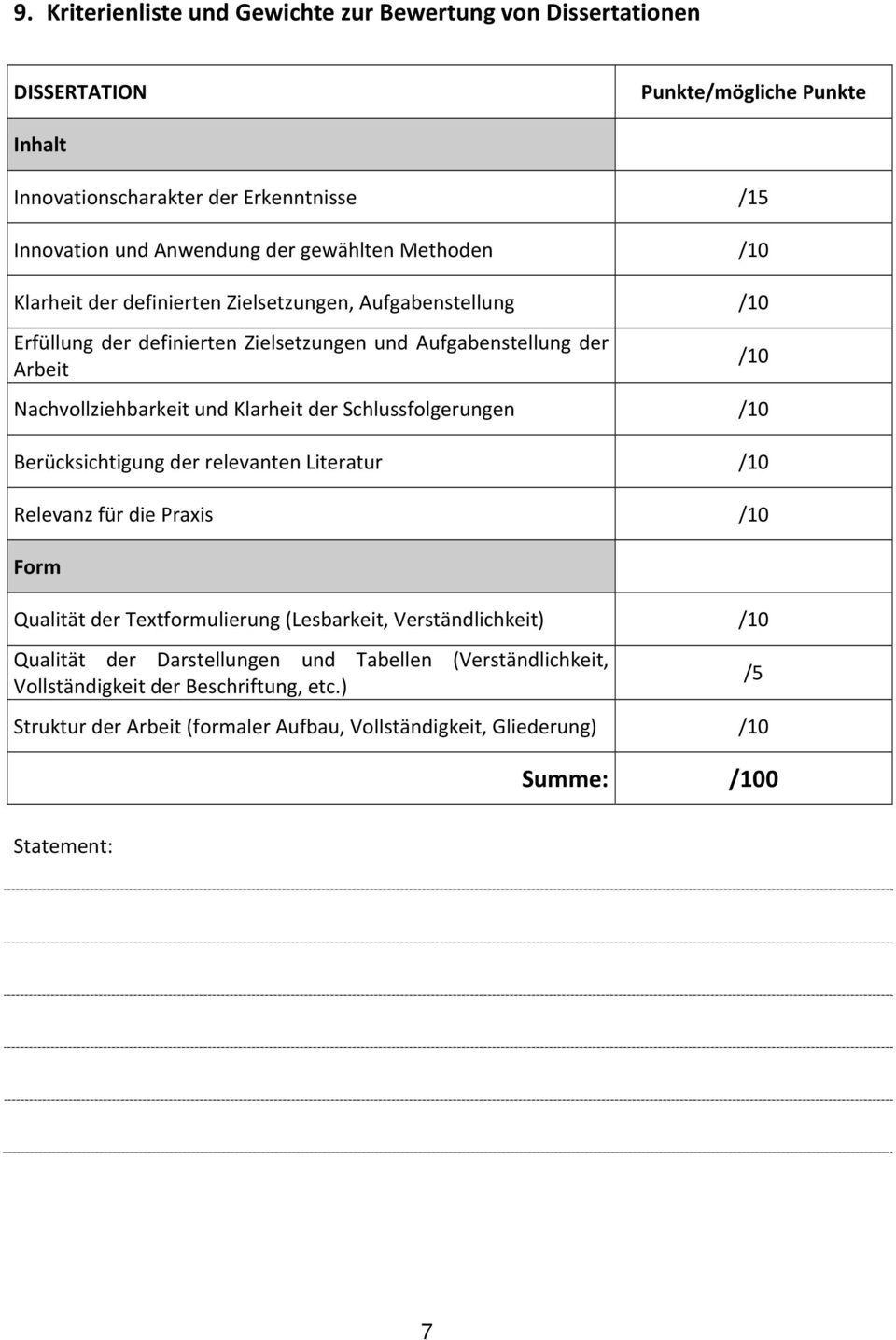 Klarheit der Schlussfolgerungen /10 Berücksichtigung der relevanten Literatur /10 Relevanz für die Praxis /10 Form Qualität der Textformulierung (Lesbarkeit, Verständlichkeit) /10