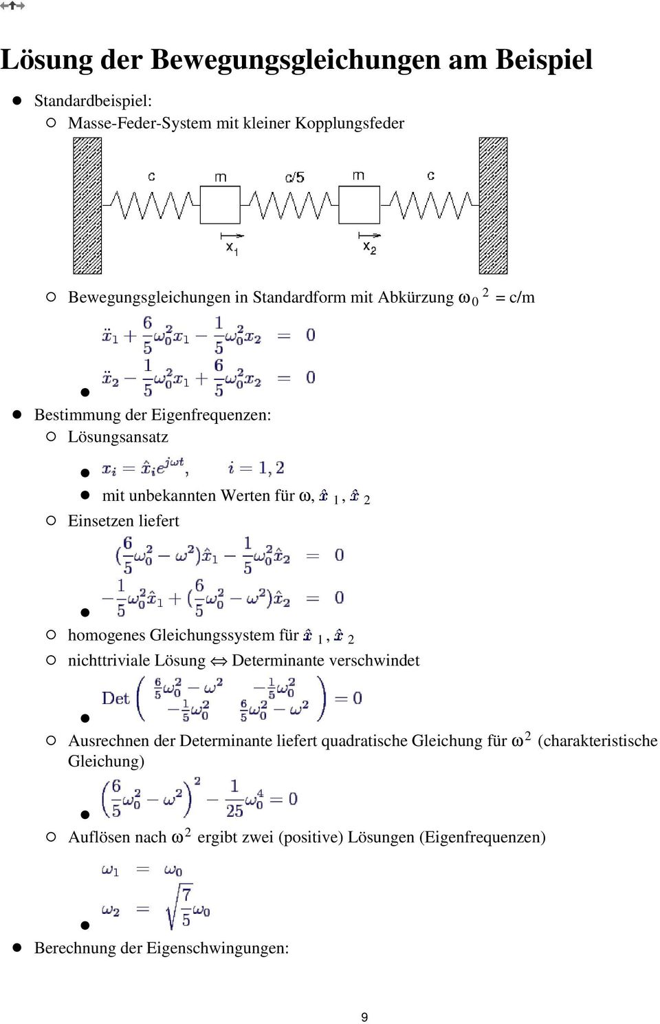 homogenes Gleichungssystem für 1, 2 nichttriviale Lösung Determinante verschwindet Ausrechnen der Determinante liefert quadratische