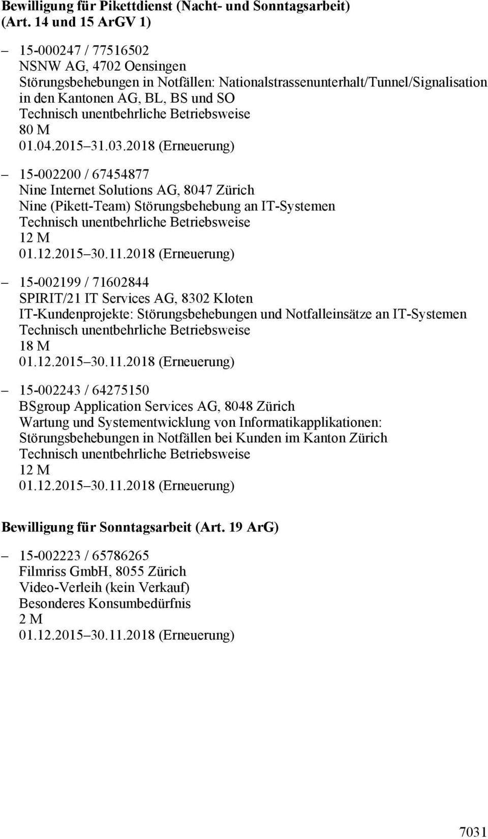 2018 (Erneuerung) 15-002200 / 67454877 Nine Internet Solutions AG, 8047 Zürich Nine (Pikett-Team) Störungsbehebung an IT-Systemen 12 M 15-002199 / 71602844 SPIRIT/21 IT Services AG, 8302 Kloten