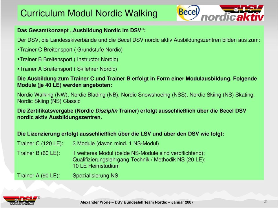 Folgende Module (je 40 LE) werden angeboten: Nordic Walking (NW), Nordic Blading (NB), Nordic Snowshoeing (NSS), Nordic Skiing (NS) Skating, Nordic Skiing (NS) Classic Die Zertifikatsvergabe (Nordic