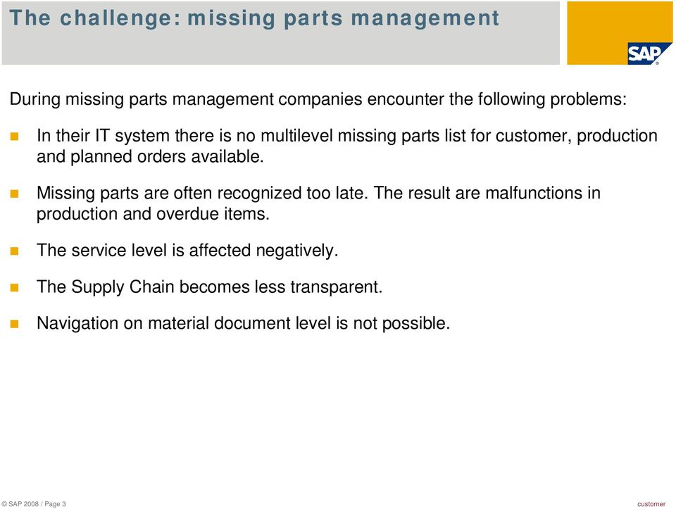 Missing parts are often recognized too late. The result are malfunctions in production and overdue items.
