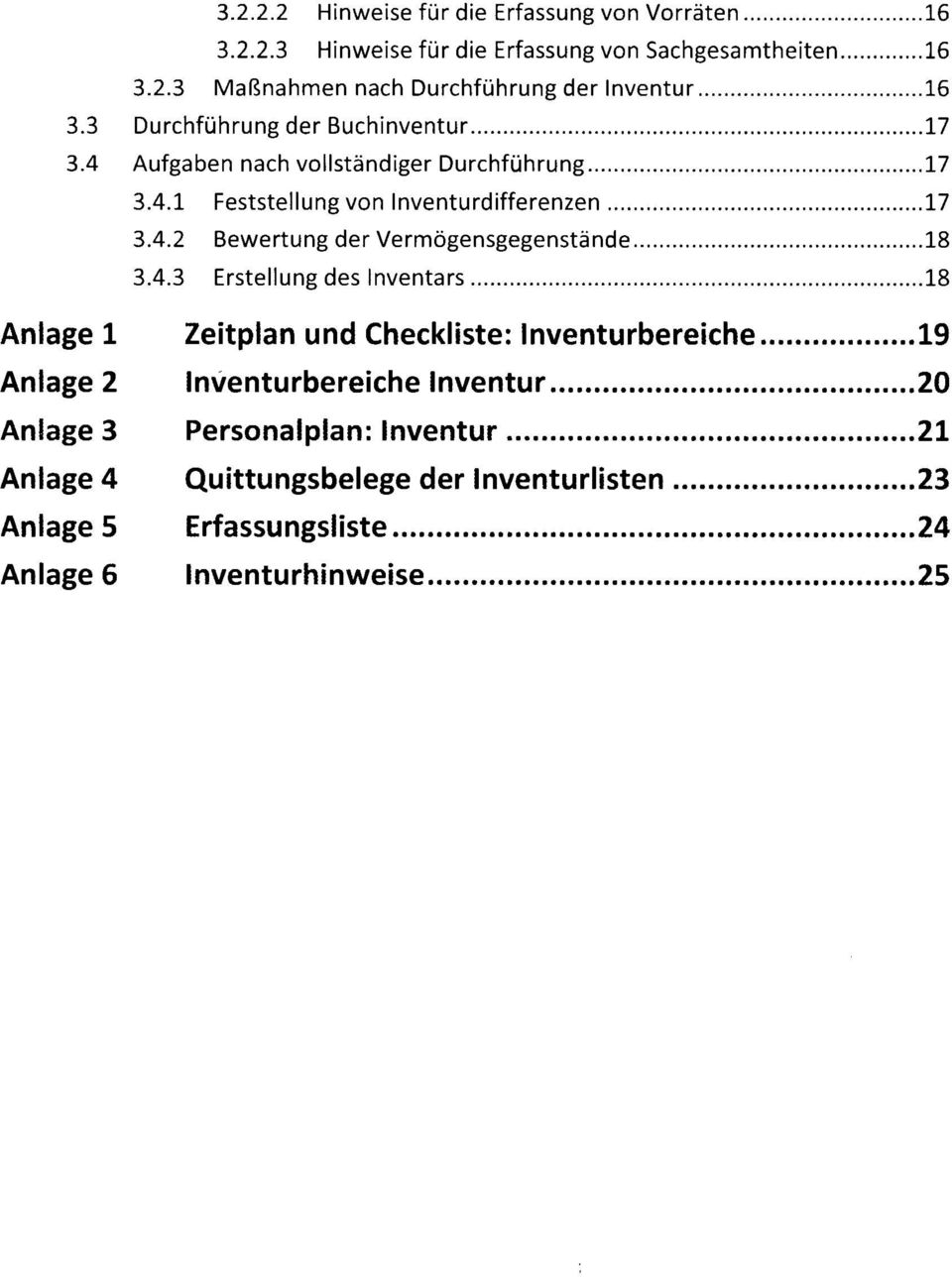 4.3 Erstellung des Inventars 18 Anlage 1 Zeitplan und Checkliste: Inventurbereiche 19 Anlage 2 Inventurbereiche Inventur 20 Anlage 3 Personalplan: