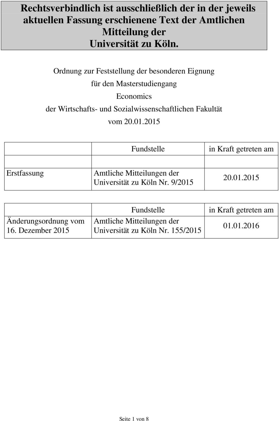 vom 20.01.2015 Fundstelle in Kraft getreten am Erstfassung Amtliche Mitteilungen der Universität zu Köln Nr. 9/2015 20.01.2015 Änderungsordnung vom 16.