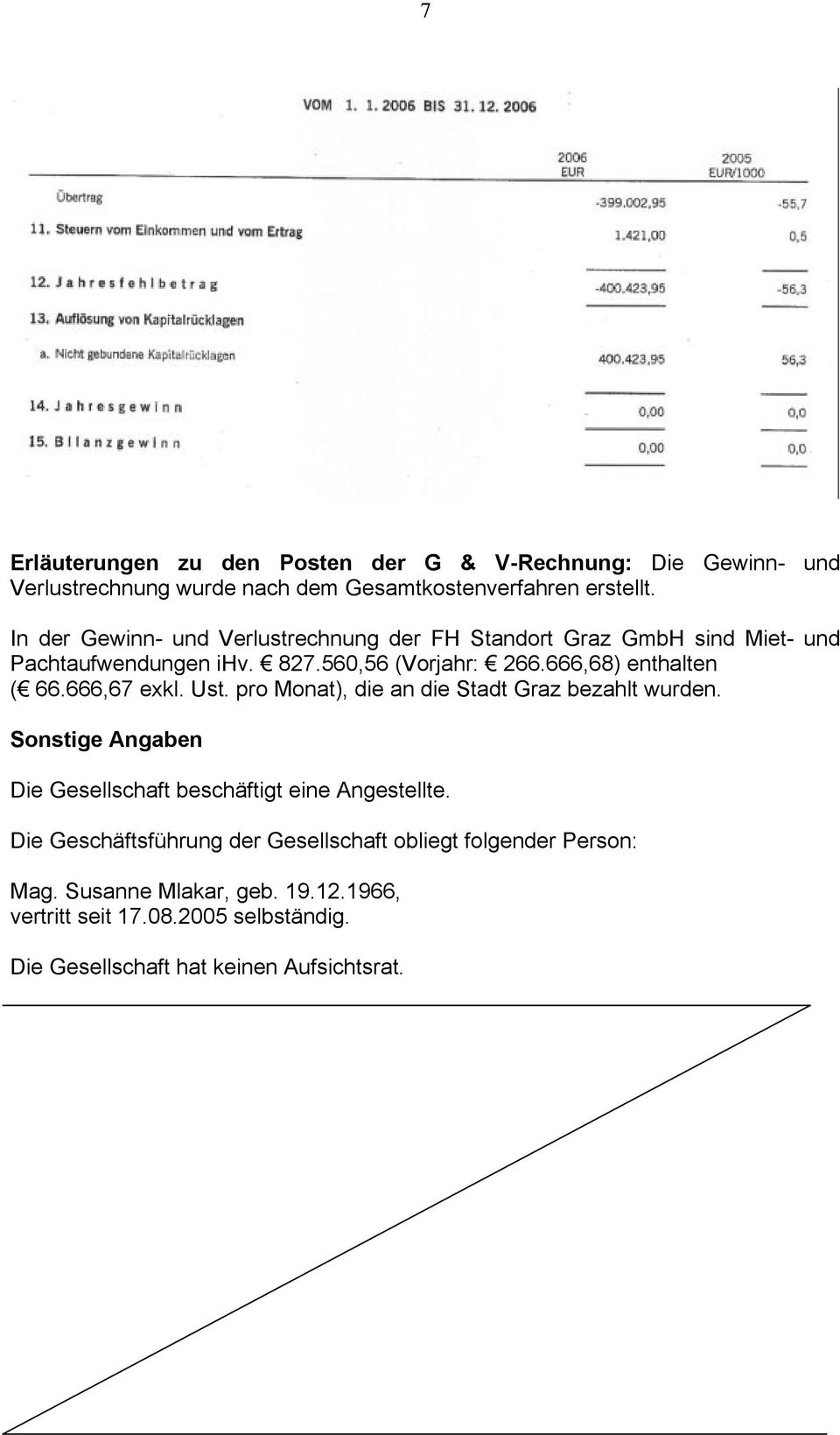 666,67 exkl. Ust. pro Monat), die an die Stadt Graz bezahlt wurden. Sonstige Angaben Die Gesellschaft beschäftigt eine Angestellte.