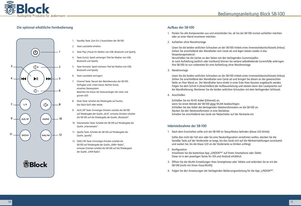 Taste Vorwärts: Spielt nächsten Titel bei Medien wie USB, Bluetooth und Spotify. 6. Taste Lautstärke verringern. 7. Channel Taste: Steuert den Betriebsmodus der SB-100.
