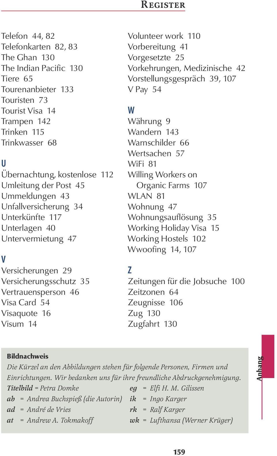 Visaquote 16 Visum 14 Volunteer work 110 Vorbereitung 41 Vorgesetzte 25 Vorkehrungen, Medizinische 42 Vorstellungsgespräch 39, 107 V Pay 54 W Währung 9 Wandern 143 Warnschilder 66 Wertsachen 57 WiFi