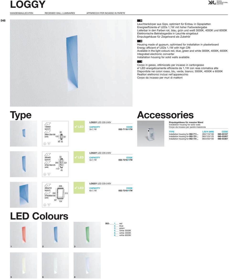 gypsum, optimised for installation in plasterboard Energy efficient e² LEDs 1,1W with high CRI Available in the light colours red, blue, green and white 3000K, 4000K, 6000K Integrated electronic