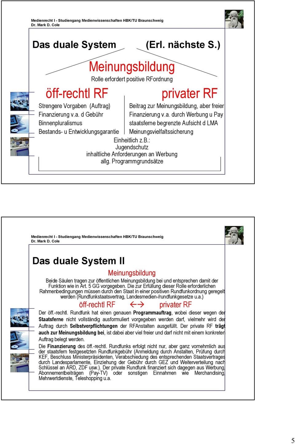 Programmgrundsätze Das duale System II Meinungsbildung Beide Säulen tragen zur öffentlichen Meinungsbildung bei und entsprechen damit der Funktion wie in Art. 5 GG vorgegeben.