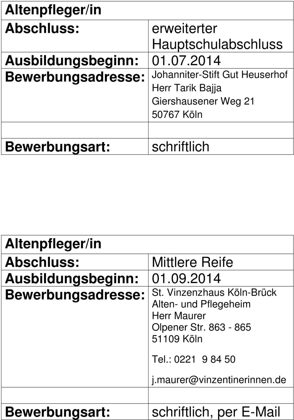 50767 Köln Altenpfleger/in Ausbildungsbeginn: 01.09.2014 St.