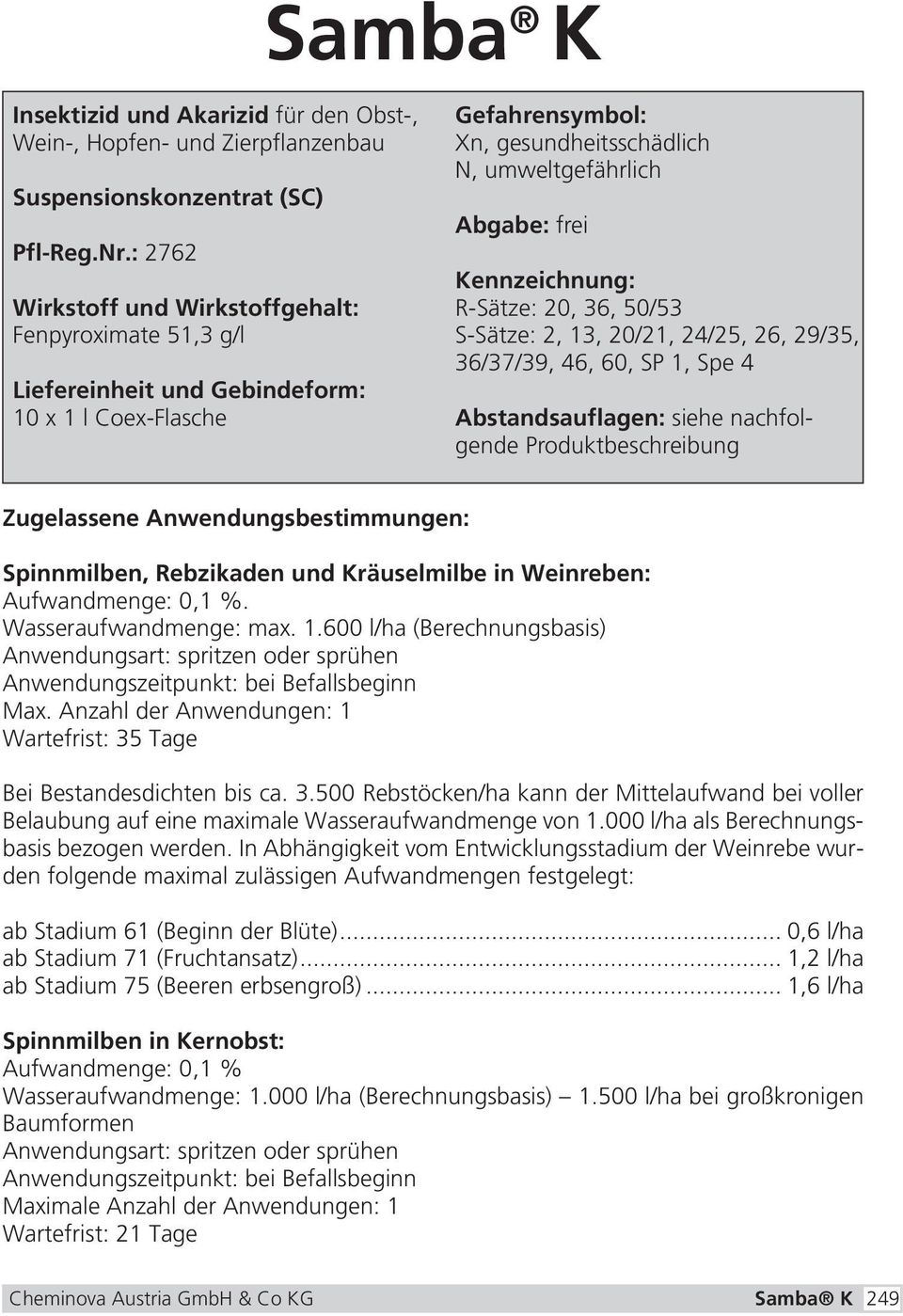 Kennzeichnung: R-Sätze: 20, 36, 50/53 S-Sätze: 2, 13, 20/21, 24/25, 26, 29/35, 36/37/39, 46, 60, SP 1, Spe 4 Abstandsauflagen: siehe nachfolgende Produktbeschreibung Zugelassene