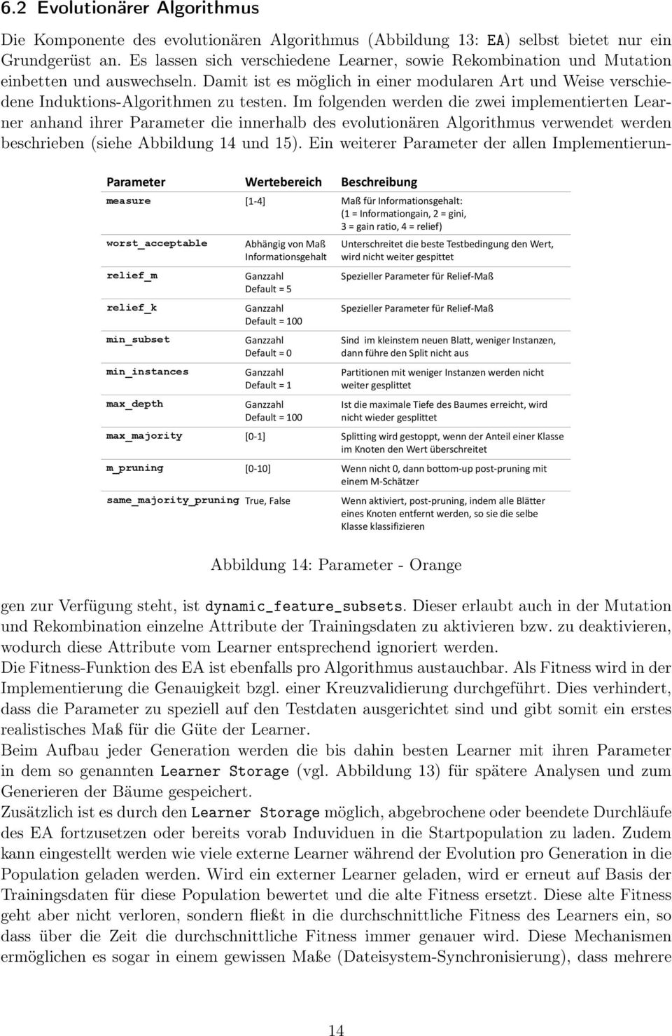 Im folgenden werden die zwei implementierten Learner anhand ihrer Parameter die innerhalb des evolutionären Algorithmus verwendet werden beschrieben (siehe Abbildung 14 und 15).