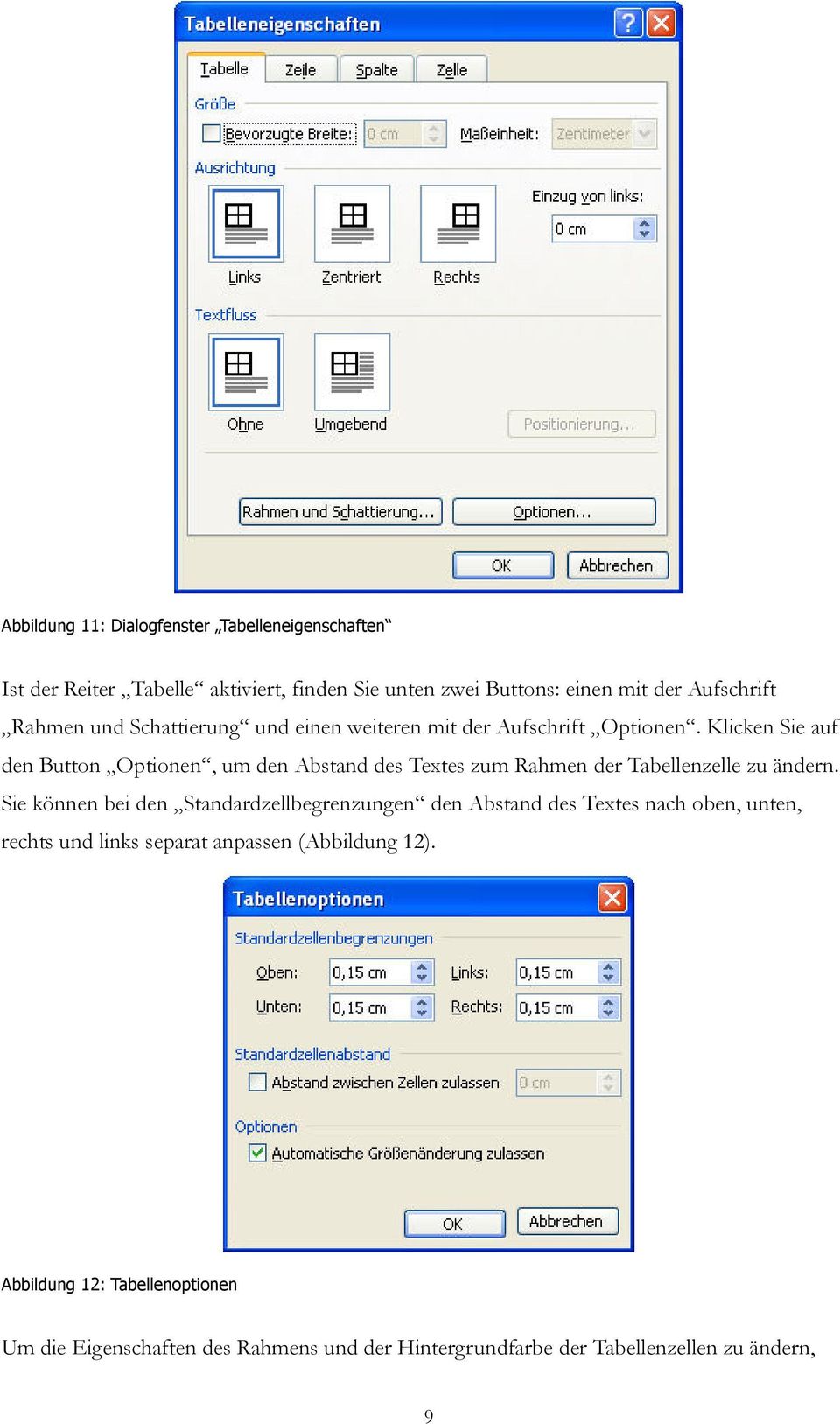 Klicken Sie auf den Button Optionen, um den Abstand des Textes zum Rahmen der Tabellenzelle zu ändern.