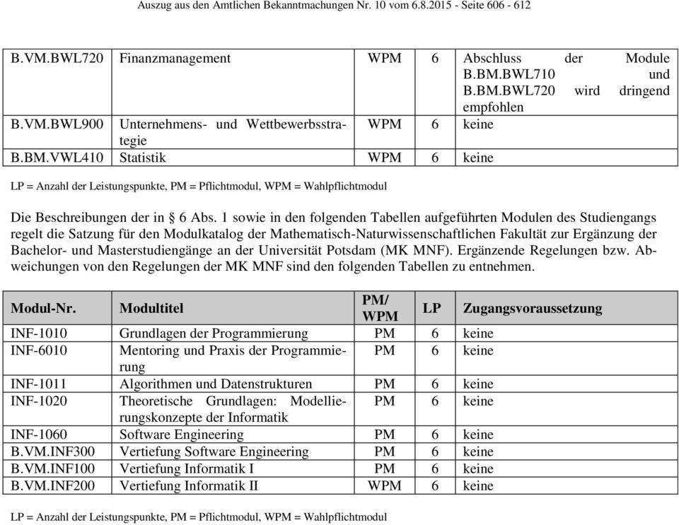 Masterstudiengänge an der Universität Potsdam (MK MNF). Ergänzende Regelungen bzw. Abweichungen von den Regelungen der MK MNF sind den folgenden Tabellen zu entnehmen. Modul-Nr.