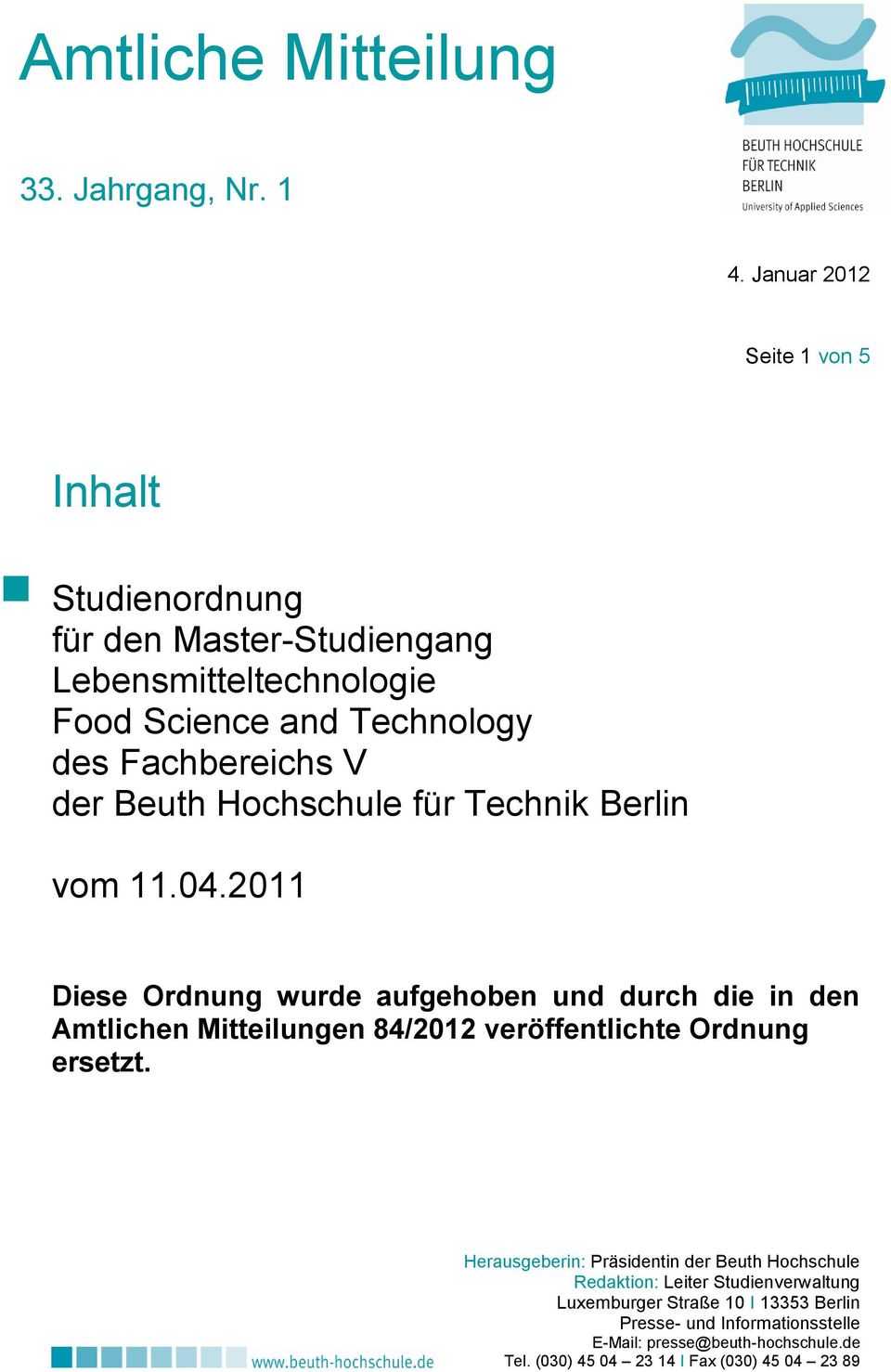 der Beuth Hochschule für Technik Berlin vom 11.04.
