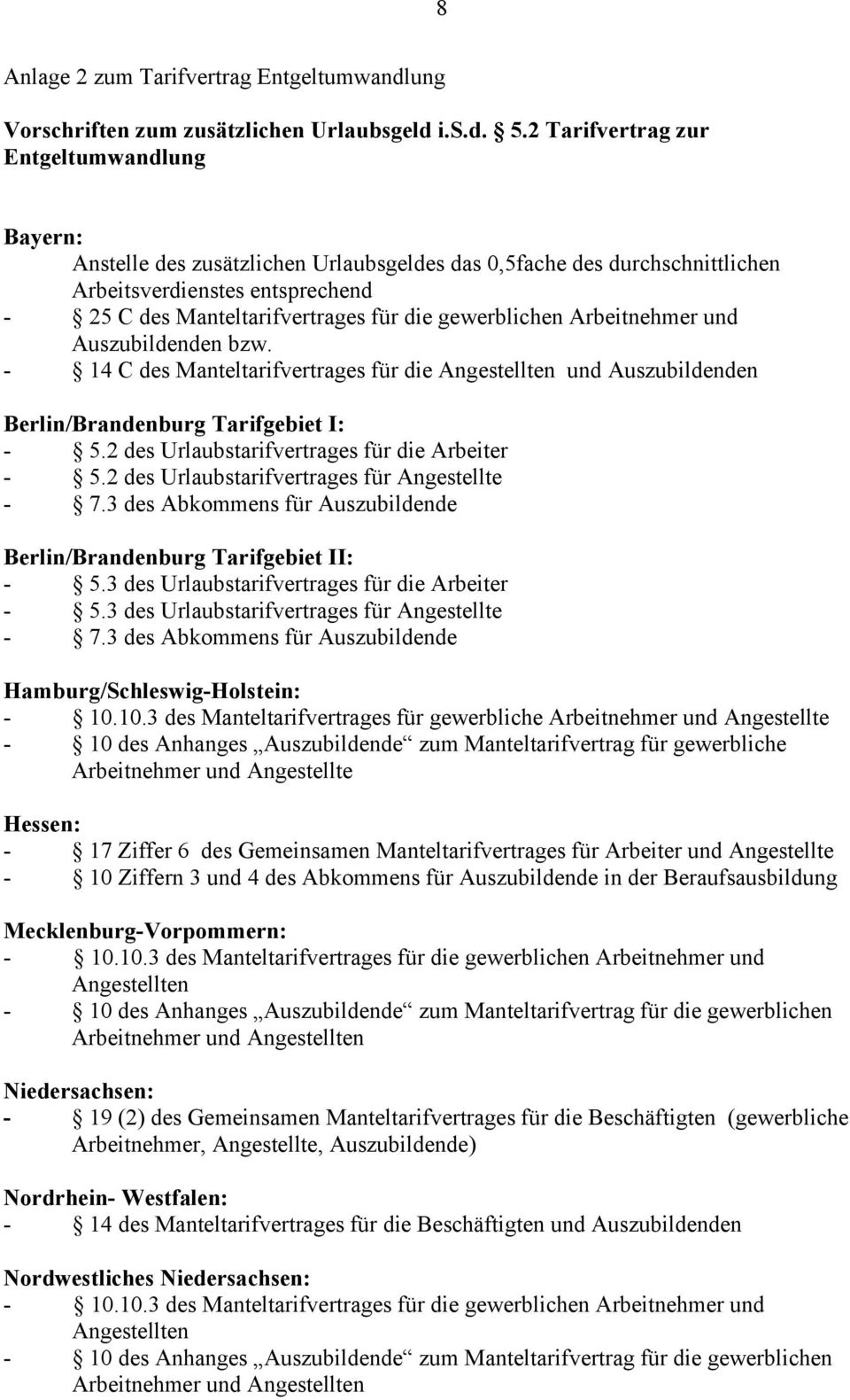 gewerblichen Arbeitnehmer und n bzw. - 14 C des Manteltarifvertrages für die Angestellten und n Berlin/Brandenburg Tarifgebiet I: - 5.2 des Urlaubstarifvertrages für die Arbeiter - 5.