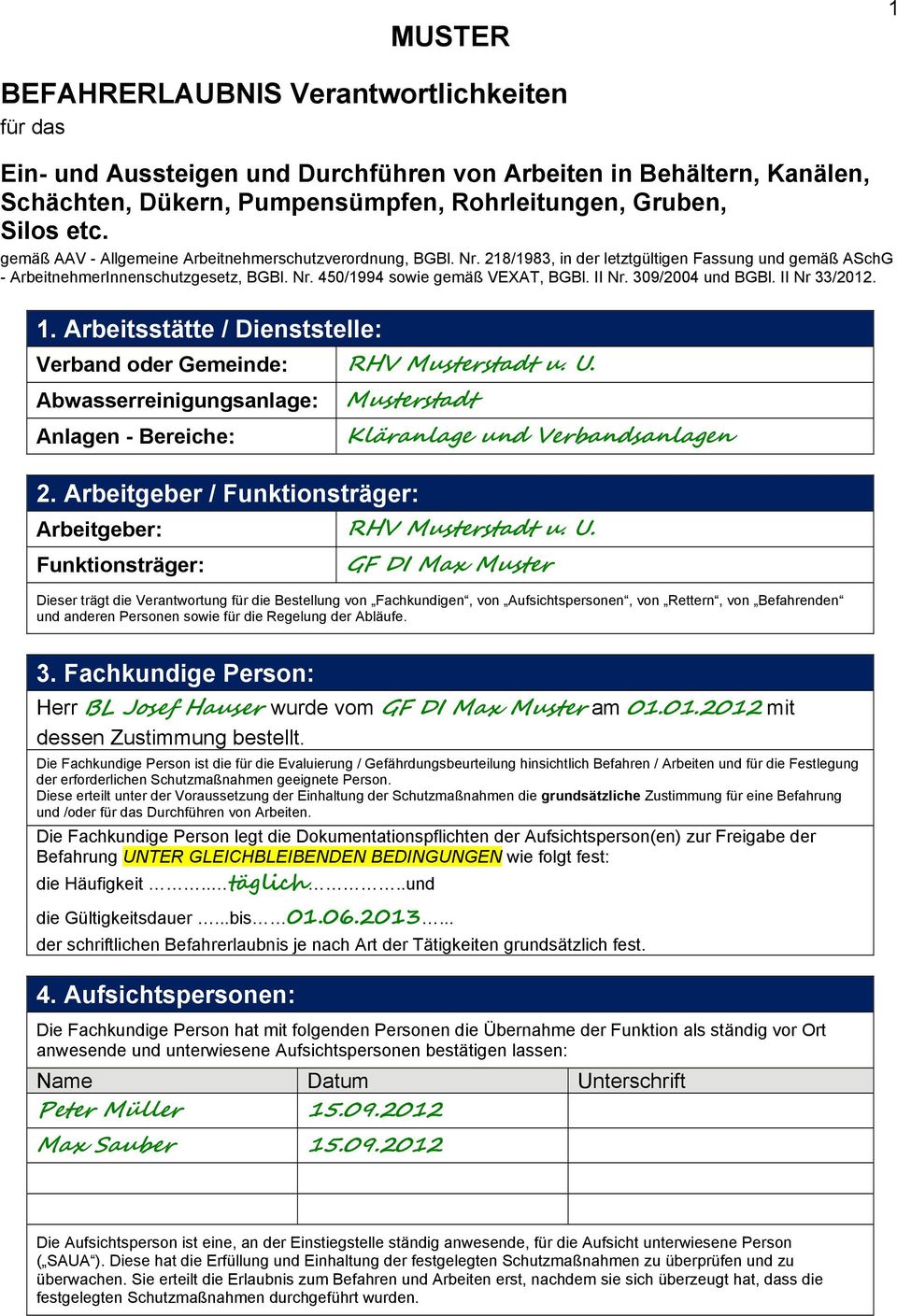 309/2004 und BGBl. II Nr 33/2012. 1. Arbeitsstätte / Dienststelle: Verband der Gemeinde: RHV Musterstadt u. U. Abwasserreinigungsanlage: Anlagen - Bereiche: Musterstadt 2.