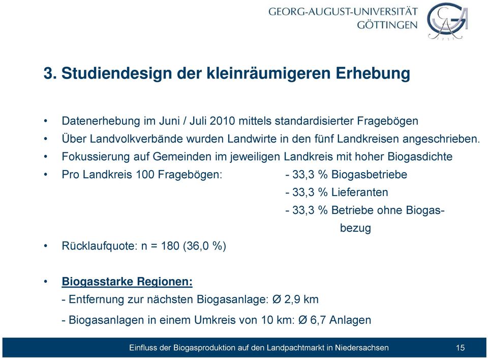 Fokussierung auf Gemeinden im jeweiligen Landkreis mit hoher Biogasdichte Pro Landkreis 100 Fragebögen: - 33,33 % Biogasbetriebe - 33,3