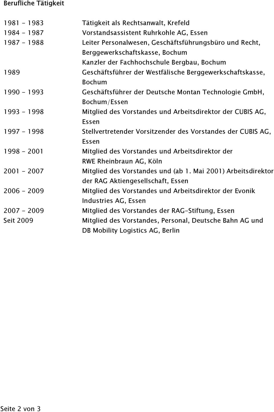 Technologie GmbH, Bochum/Essen 1993-1998 Mitglied des Vorstandes und Arbeitsdirektor der CUBIS AG, Essen 1997-1998 Stellvertretender Vorsitzender des Vorstandes der CUBIS AG, Essen 1998-2001 Mitglied