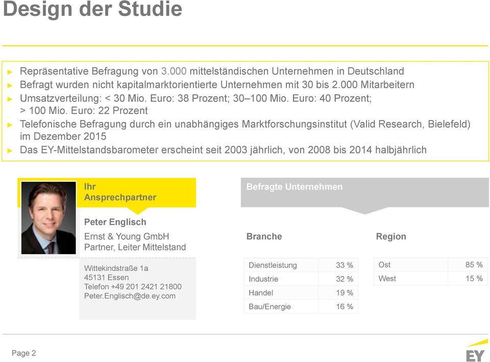 Euro: 22 Prozent Telefonische Befragung durch ein unabhängiges Marktforschungsinstitut (Valid Research, Bielefeld) im Dezember 2015 Das EY-Mittelstandsbarometer erscheint seit 2003 jährlich, von