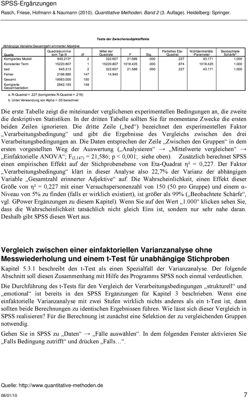 Die dritte Zeile ( bed ) bezeichnet den experimentellen Faktor Verarbeitungsbedingung und gibt die Ergebnisse des Vergleichs zwischen den drei Verarbeitungsbedingungen an.