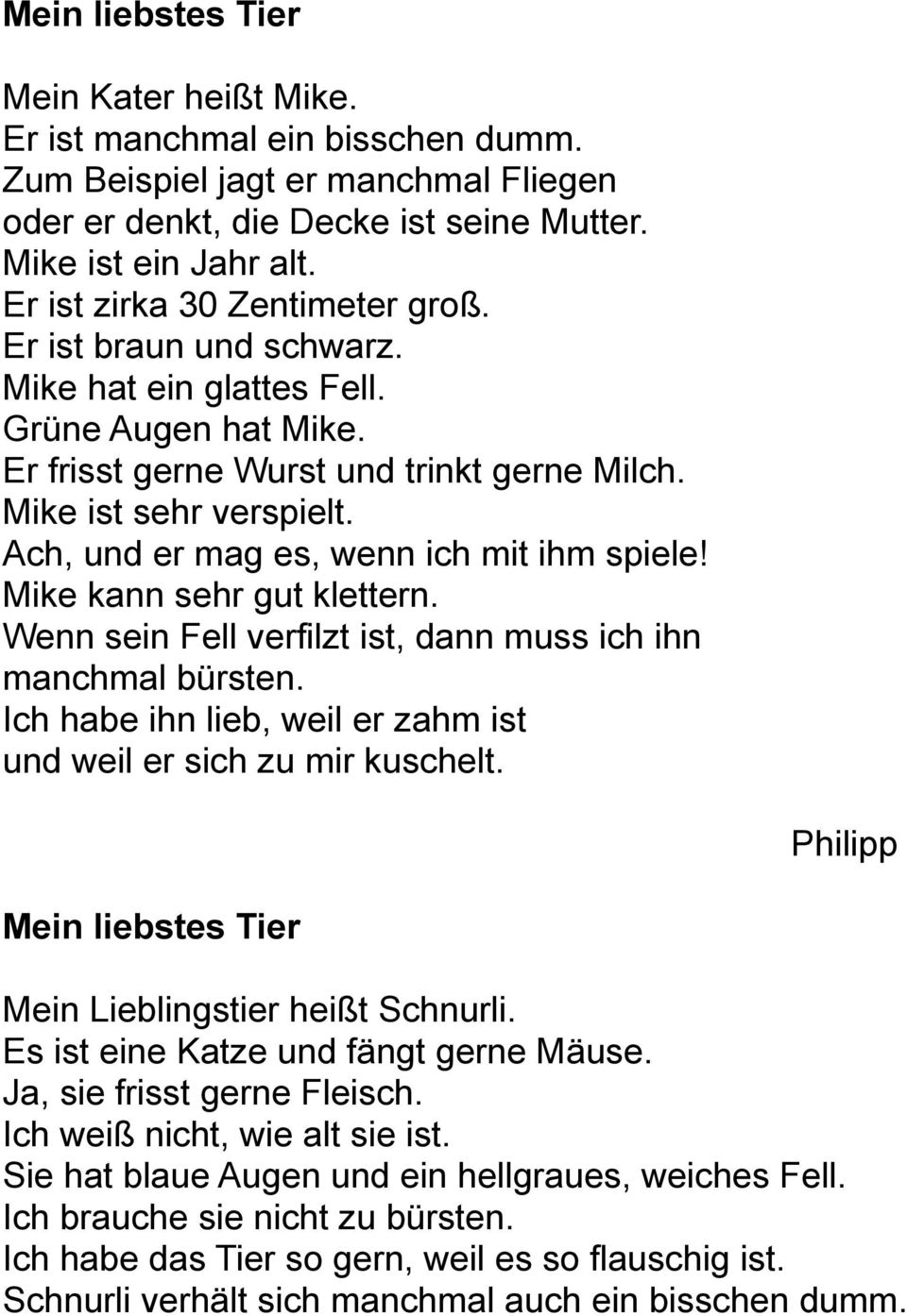 Mike kann sehr gut klettern. Wenn sein Fell verfilzt ist, dann muss ich ihn manchmal bürsten. Ich habe ihn lieb, weil er zahm ist und weil er sich zu mir kuschelt.