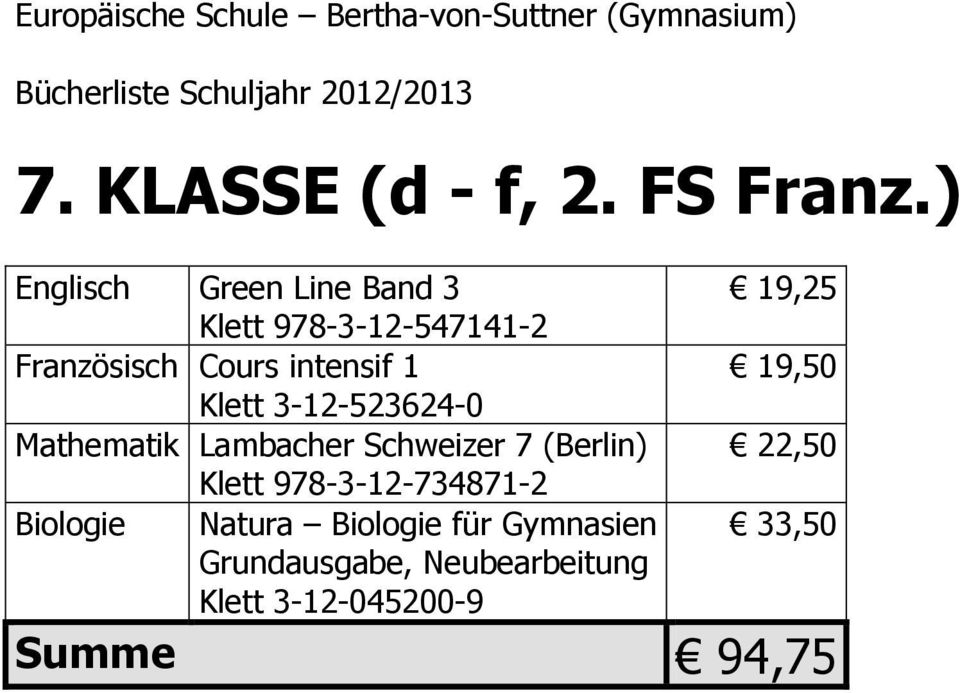 intensif 1 Klett 3-12-523624-0 Mathematik Lambacher Schweizer 7 (Berlin)