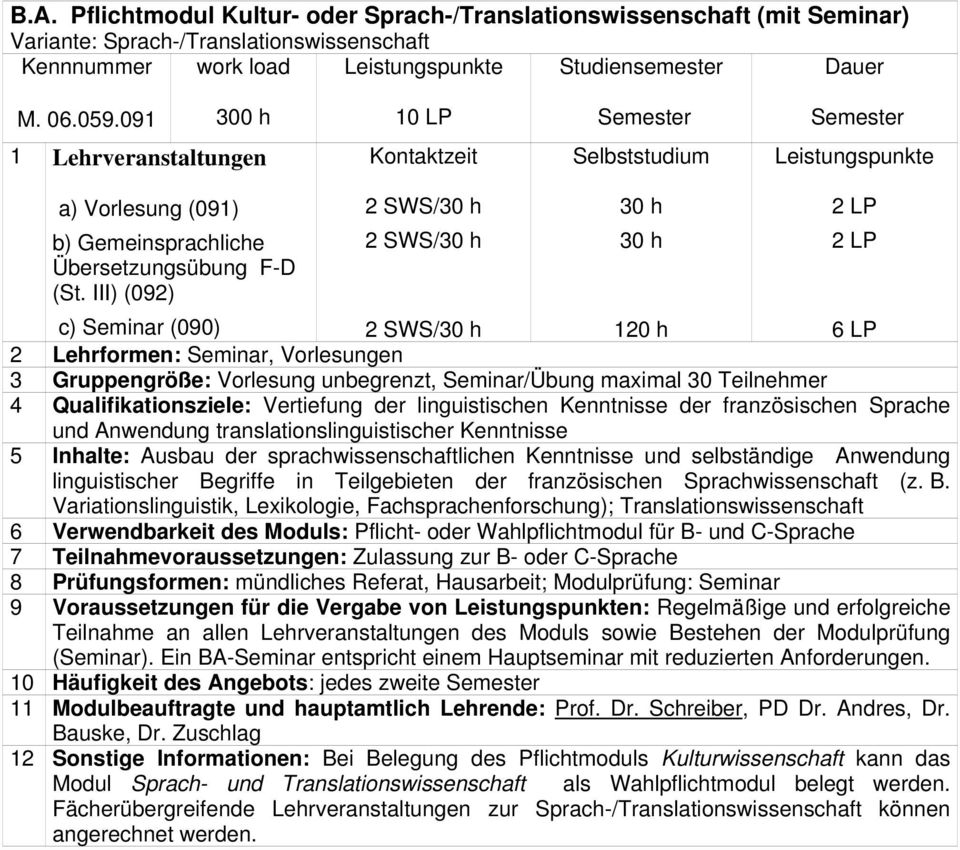 III) (092) c) Seminar (090) 120 h 2 Lehrformen: Seminar, Vorlesungen 3 Gruppengröße: Vorlesung unbegrenzt, Seminar/Übung maximal 30 Teilnehmer 4 Qualifikationsziele: Vertiefung der linguistischen