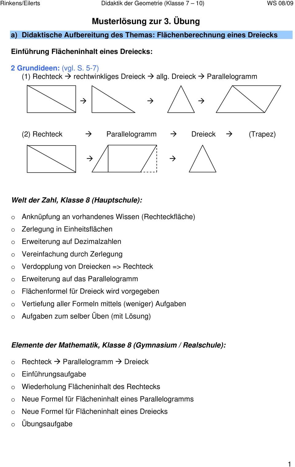 Dreieck Parallelogramm (2) Rechteck Parallelogramm Dreieck (Trapez) Welt der Zahl, Klasse 8 (Hauptschule): o Anknüpfung an vorhandenes Wissen (Rechteckfläche) o Zerlegung in Einheitsflächen o