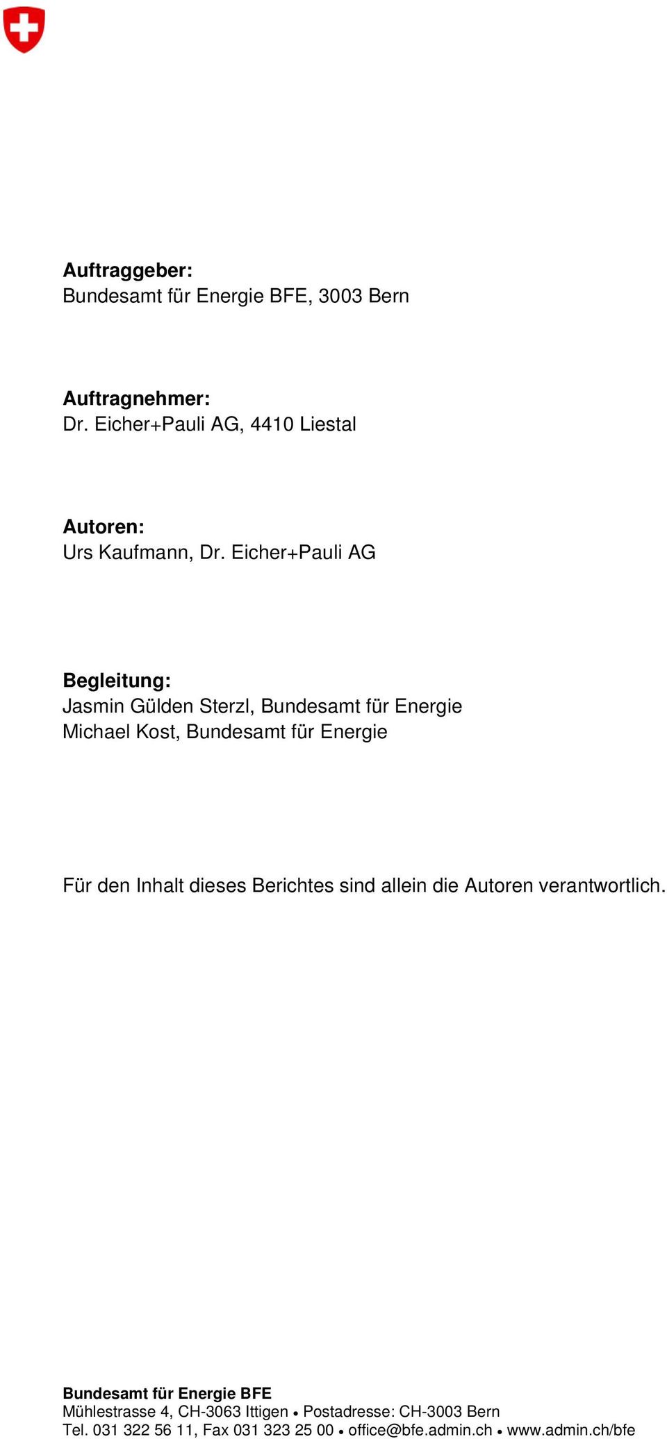 Eicher+Pauli AG Begleitung: Jasmin Gülden Sterzl, Bundesamt für Energie Michael Kost, Bundesamt für Energie Für den Inhalt dieses